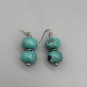 Artisan Lampwork Glass Dangle Earrings Turquoise Blue Marbled Handmade Vintage